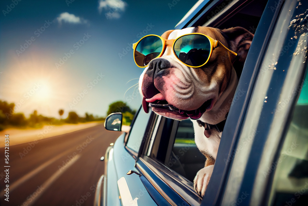 Naklejka premium glücklicher Hund, der den Kopf aus dem Autofenster streckt und Spaß hat - Generative Ai