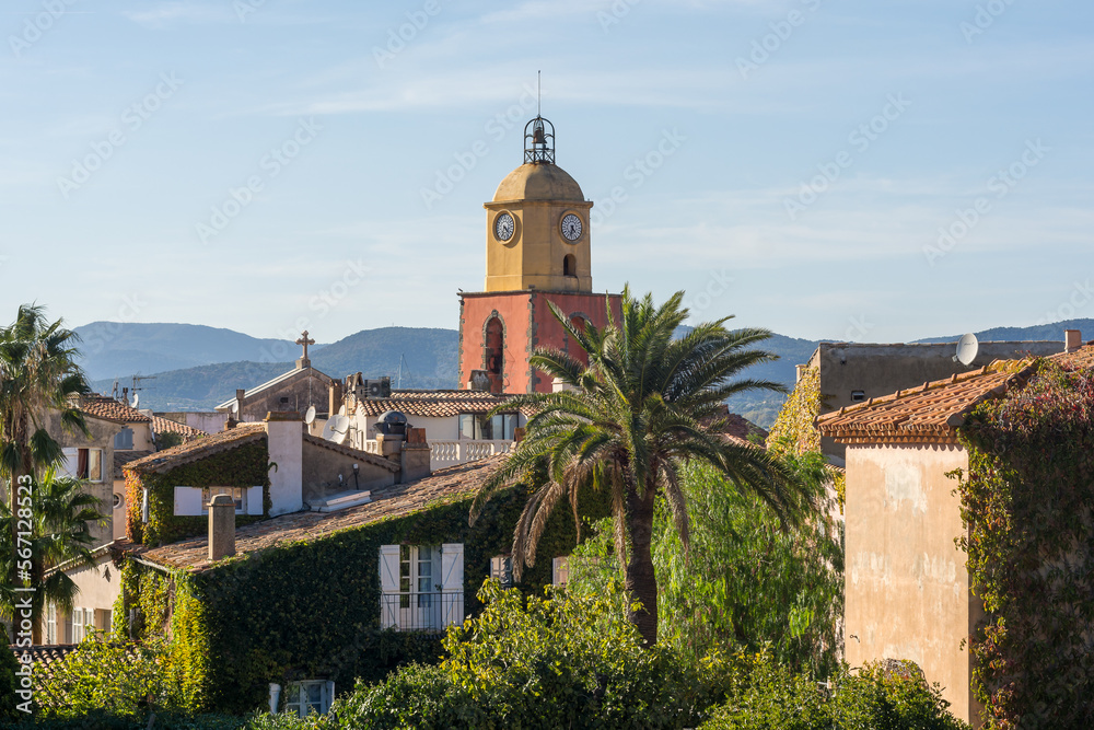 Scenic view of Saint Tropez in summer colors against blue sky