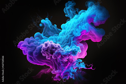 Multicolored thick smoke  blue and purple neon on a black background. AI