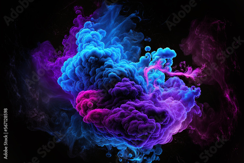 Multicolored thick smoke, blue and purple neon on a black background. AI