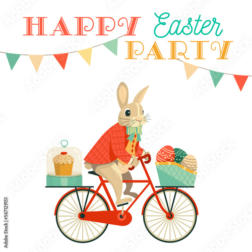 Funny Bunny deliver eggs and cake to Easter party vector poster. Rabbit ride Bicycle cartoon illustration. Happy Easter party design element. Festive family fun, egg hunt event invitation background