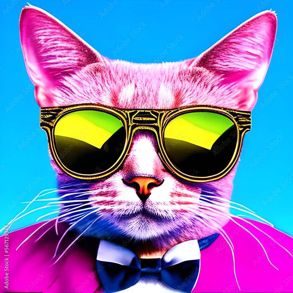 cat in sunglasses, hyperrealism, superrealism, vivid colors, pop color, realism, synthwave, single-color background, generative ai