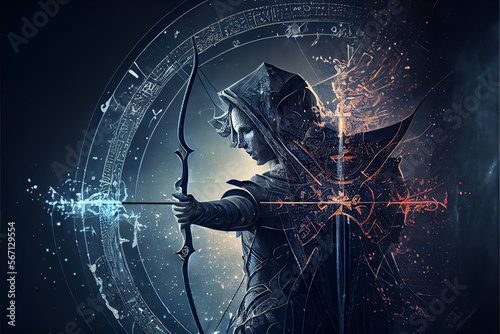 Sagittarius Zodiac Sign Horoscope astrological background. Zodiac sign Sagittarius. An Archer aims a bow. High quality ai generated illustration.