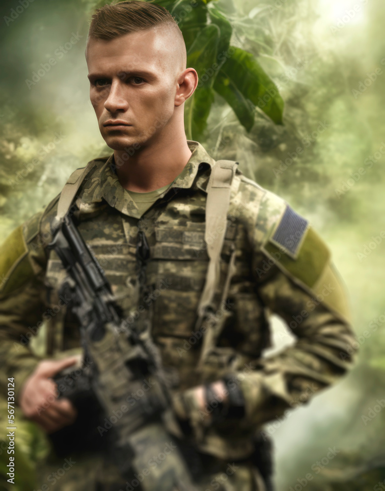 A soldier stands tall in a lush, tropical jungle, ready for battle.