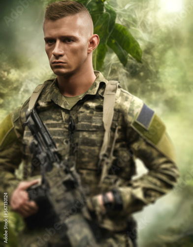 A soldier stands tall in a lush, tropical jungle, ready for battle. photo