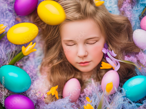 A precious little girl rests peacefully among a field of colorful spring flowers and pastel Easter eggs photo