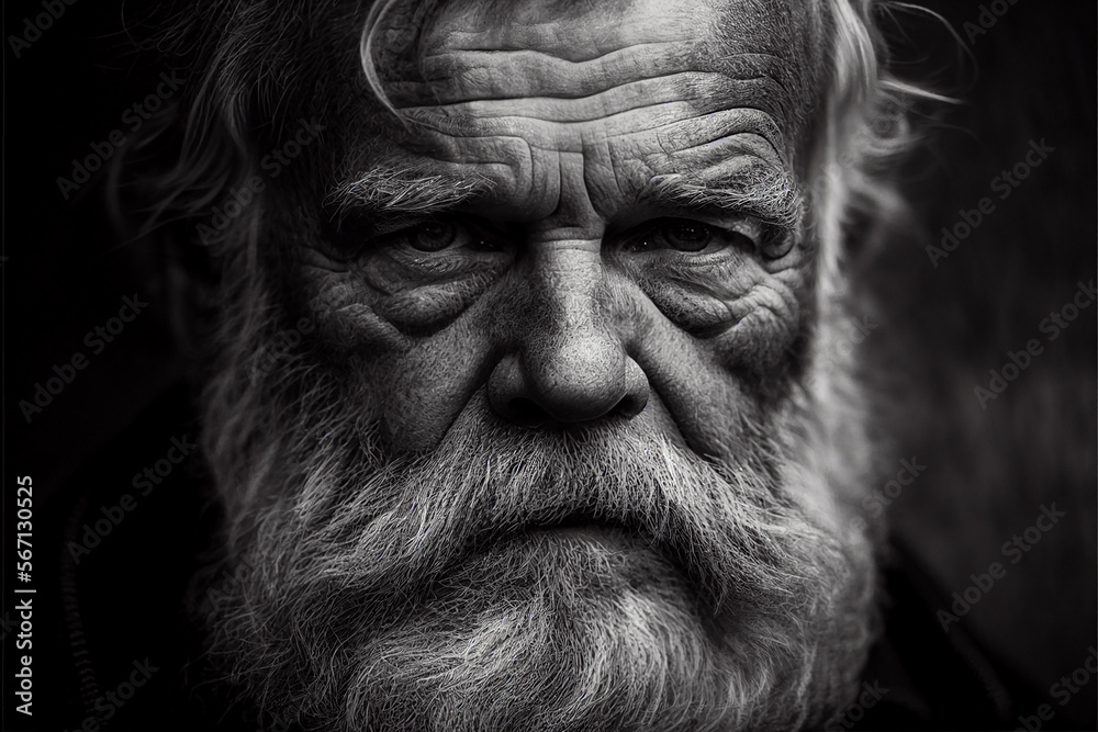 Old man with wrinkles and beard looking into the camera, black and white, Generative AI