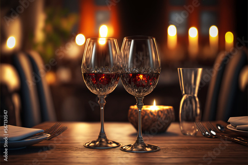 Couple glassess of the champagne are placed on wooden table in restaurant background, romantic table setting with glasses and burning candles, generated ai
