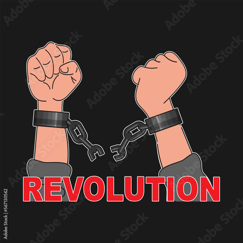 Two hands with rolled up sleeves and torn chains. Below is the inscription in red letters - revolution. Emblem, icon. Vector illustration