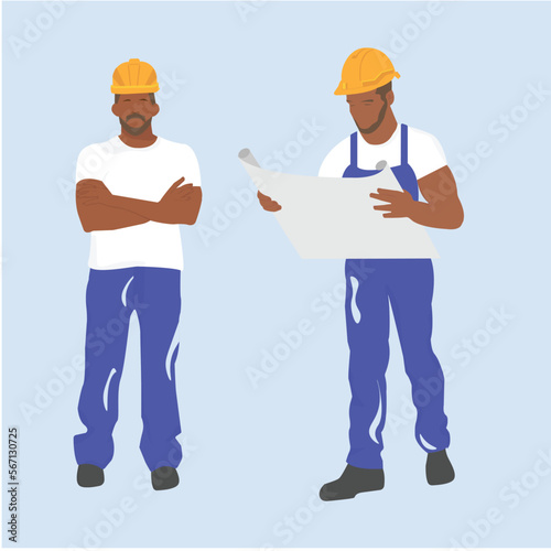 Vector flat illustration of workers with blank board