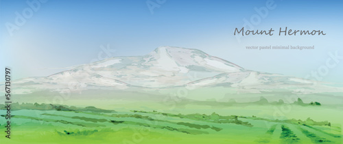 A view on a Hermon mountain. Vector nature illustration. Watercolor art, fields and meadows with mountains in the horizon. Warm summer view of Israel landscape.
