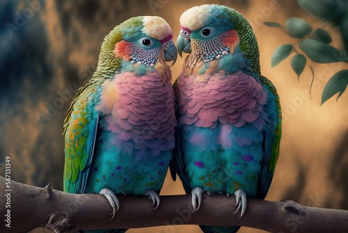 Couple of cute lovebirds in pastel colors valentines day illustration generative ai