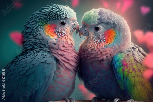Couple of cute lovebirds in pastel colors valentines day illustration generative ai photo