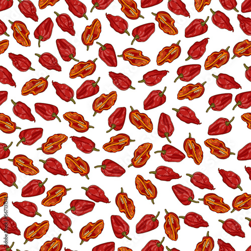 Seamless pattern with Bhut Jolokia ghost chile peppers. Naga jolokia. U-morok. Capsicum chinense. Chili pepper. Vegetables. Cartoon style. Vector illustration isolated on white background.