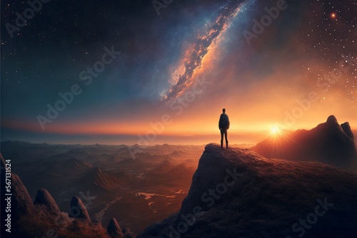 A person standing on a hilltop watching the sun set