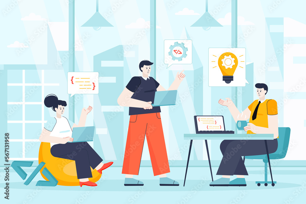 Developers team concept in flat design. Teamwork at office scene. Man and woman coding, programming, brainstorming, working project together. Illustration of people characters for landing page