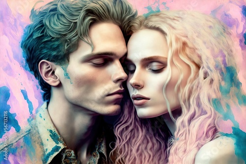 Cute stylish cotton candy couple in love, a Fashion Valentine's Day illustration generate AI