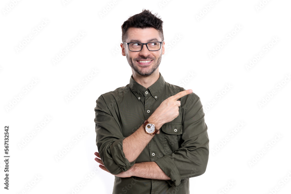 cheerful director in glasses. adult director wearing shirt. caucasian director point finger cheerful director in glasses. adult director wearing shirt. caucasian director point finger