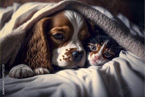 Small Kitten And English Cocker Spaniel Puppy Under Blanket Generative AI