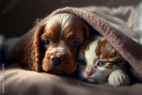 English Cocker Spaniel With Small Kitten Under Blanket Generative AI