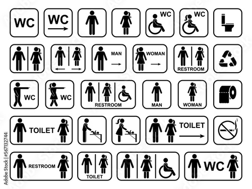 Public toilet icon set vector illustration. Restroom sign symbol man woman people unisex gender bathroom stick figure line outline pictogram