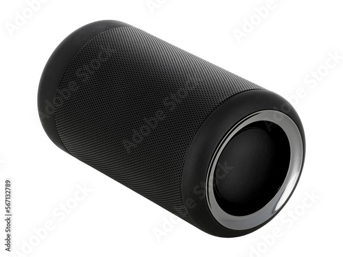 Black bluetooth speaker isolated on white background. Portable speaker, graphic design resources, sound