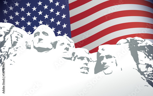 Presidents Day background with Mount Rushmore and flag USA. Happy President 's Day design with four american president. Vector illustration photo