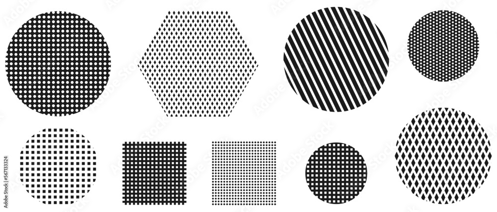 Collection of geometric shapes with decorative patterns. Circle, hexagon, square textured symbol