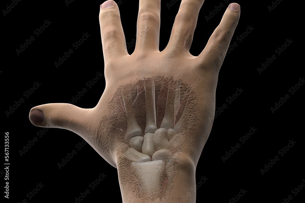 Dorsal view of a hand where its bones can be viewed. The anatomy of a ...