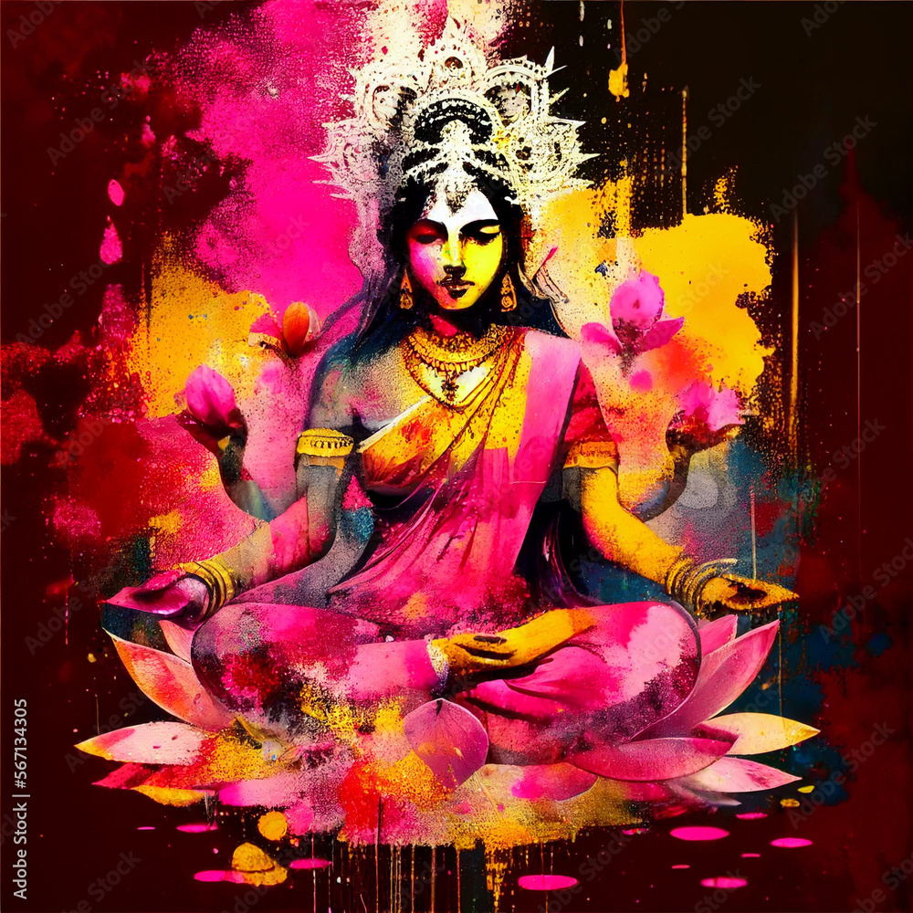 Hindu Goddess Lakshmi sitting on lotus flower, generative AI