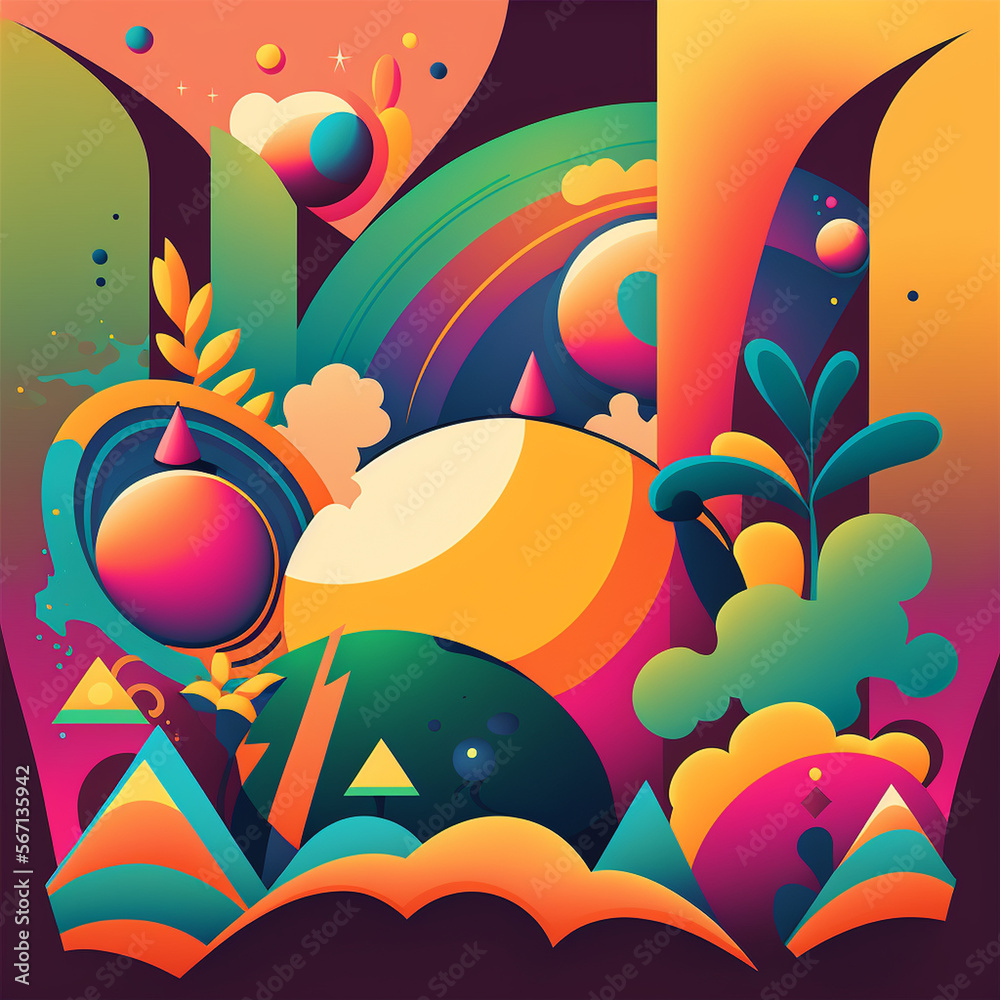 Abstract futuristic contemporary modern design in cartoon style with plants, rainbows, spheres, stripes and lines. Abstract futuristic contemporary modern design in cartoon style with plants, rainbows, spheres, stripes and lines.