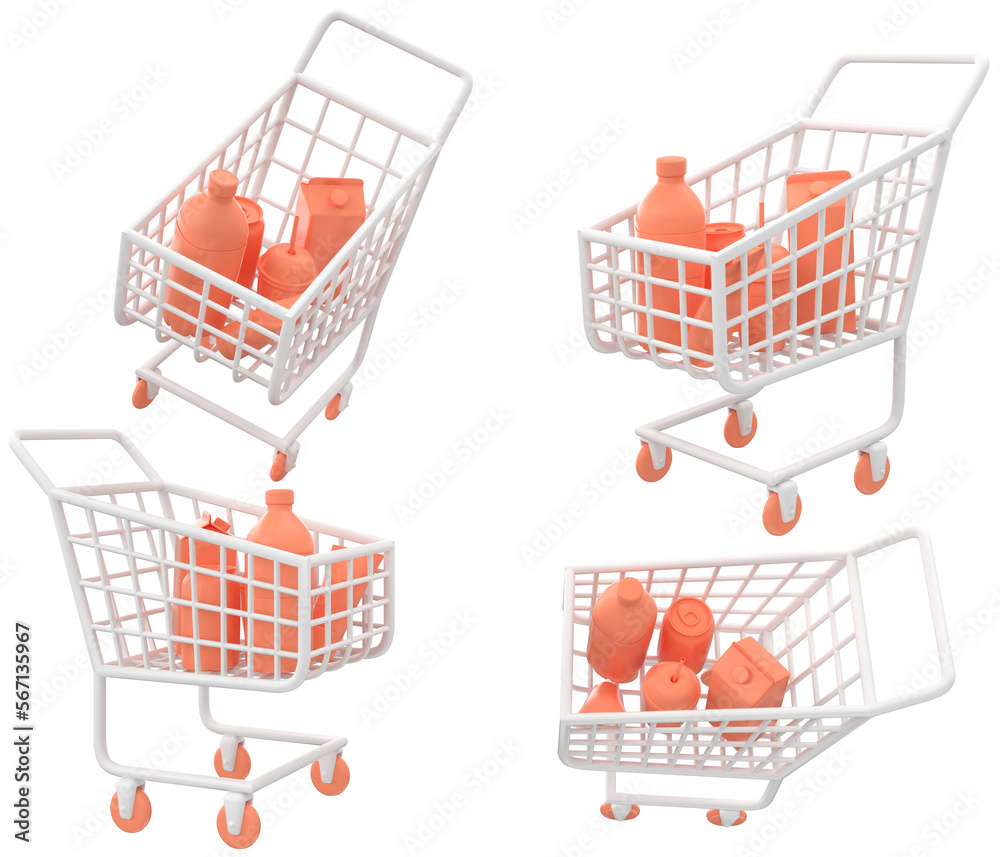 White 3d shopping cart trolley with purchases set isolated on