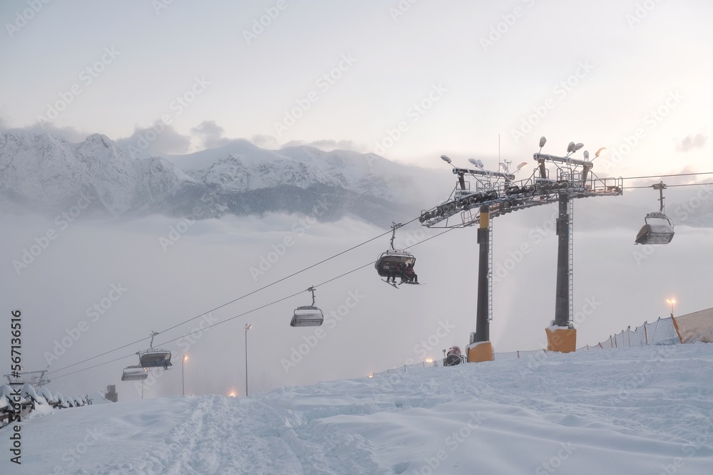 Cableway for skiers on Gubalowka hill in Zakopane, Podhale, Tatras Mountains, Poland