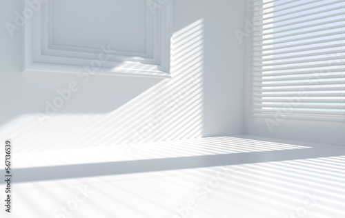 3d rendering of the room corner wall and window with blinds  shadow. Kitchen or bathroom interior mock up for product presentation