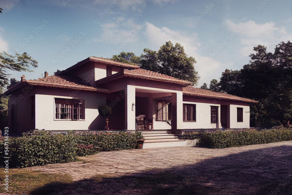 Front view of modern designed villa or residential house in tropical style, Generative AI illustration