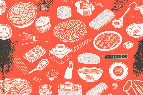 Japan food pattern, risograph style, doodle hand drawn illustration Generative AI