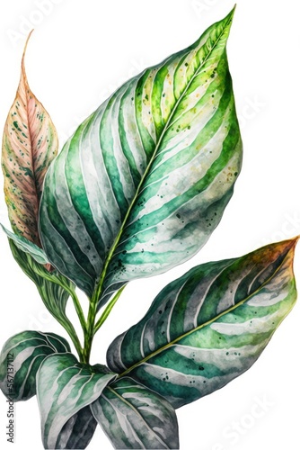 Aglaonema House Plant Leaf On White Background As Watercolor Illustration