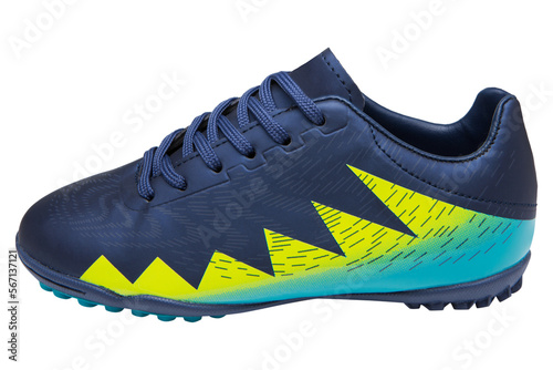 Children's soccer shoes for indoor training, blue sneakers with spikes, on a white background, isolate