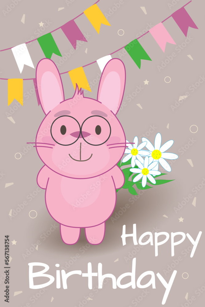 Happy birthday card with pink rabbit holding flowers, vector illustration