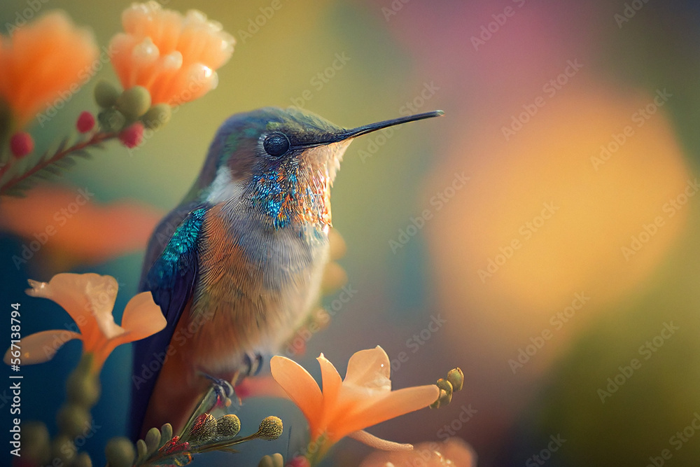 Naklejka premium Hummingbird Perched on Branch - Generative Ai