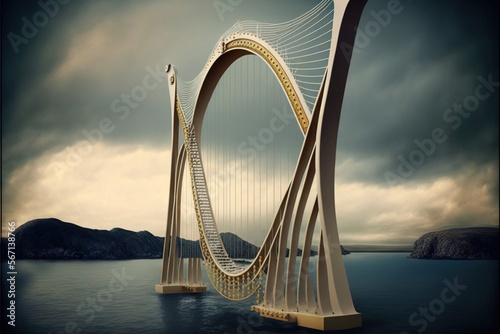  a very tall bridge over a large body of water with a sky in the backgrouund and a cloudy sky in the backgrouund. generative ai