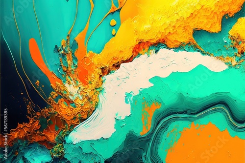  an abstract painting with orange, blue, and green colors on it's surface, with a white and yellow stripe in the middle of the painting. generative ai