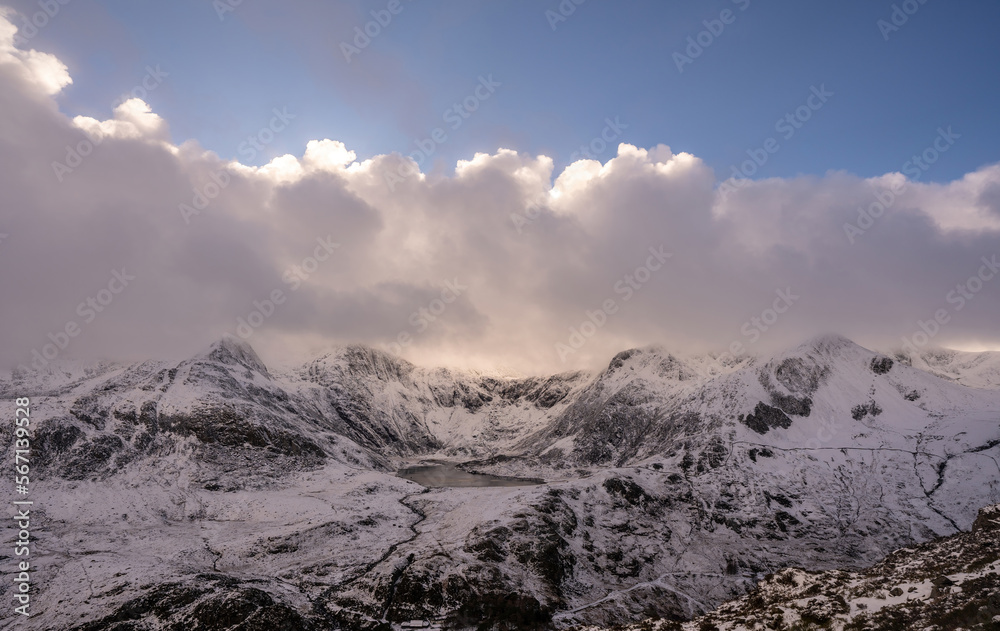 Landscape view of the Glyderau mountains of Snowdonia in Wales during winter