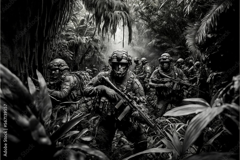 Black and White Army Special Forces on a Mission in the Jungle Stock