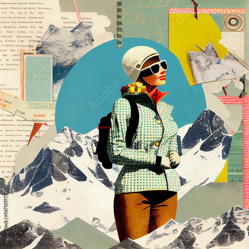 Ski Vacation Poster, Winter sports print, Vintage art, Collage art, AI generative, Trendy collage with mountains, winter sport resort, pop colors, interior art poster, mountain cabin decoration