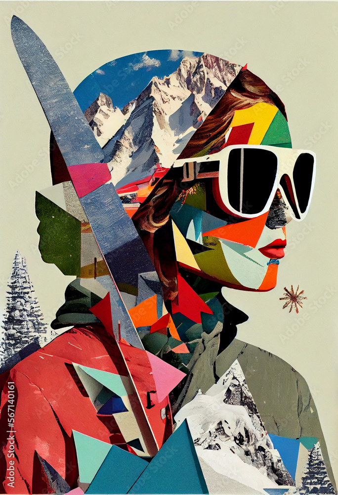 Ski Vacation Poster, Winter sports print, Vintage art, Collage art, AI generative, Trendy collage with mountains, winter sport resort, pop colors, interior art poster, mountain cabin decoration - obrazy, fototapety, plakaty 