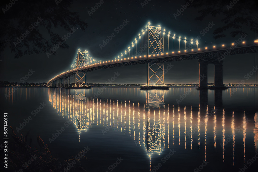a large bridge over a body of water at night with lights reflecting off of the water and on to the side of the bridge is a bridge. generative ai a large bridge over a body of water at night with lights reflecting off of the water and on to the side of the bridge is a bridge. generative ai