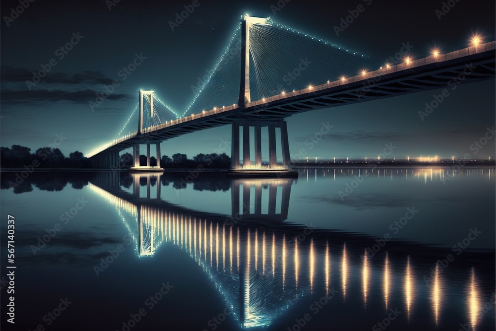 Naklejka premium a long bridge over a body of water at night with lights on the top of the bridge and the lights on the bottom of the bridge. generative ai
