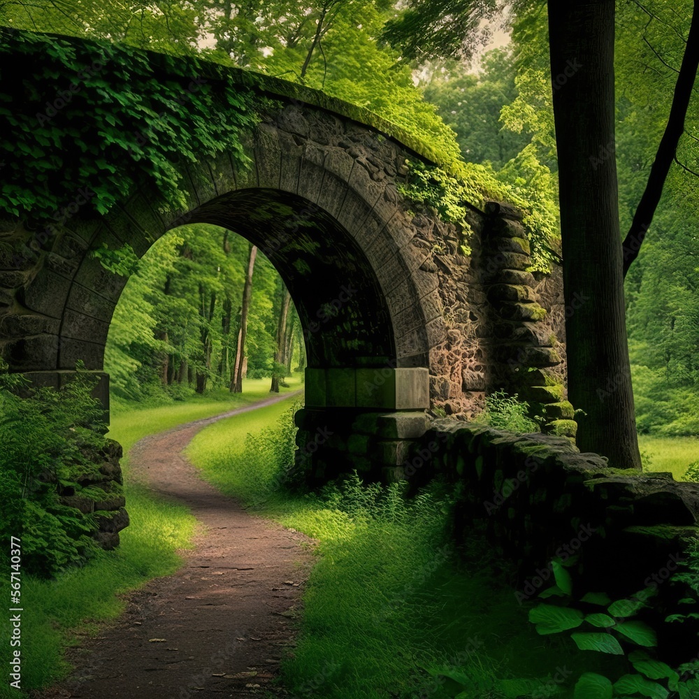  a stone bridge over a lush green forest filled with lots of trees and bushes on either side of a dirt path that leads to a stone bridge.  generative ai