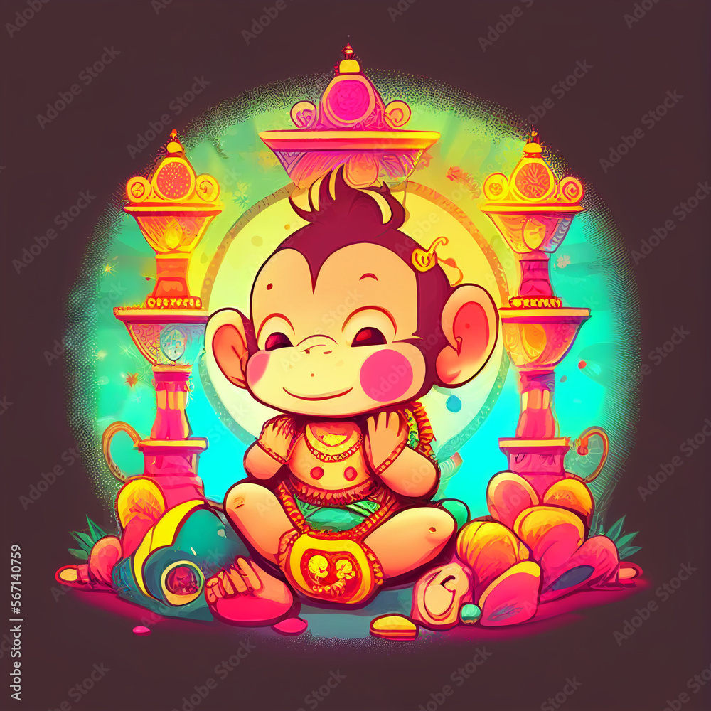 Naklejka premium cute baby Hindu God Hanuman cartoon character style, generative AI